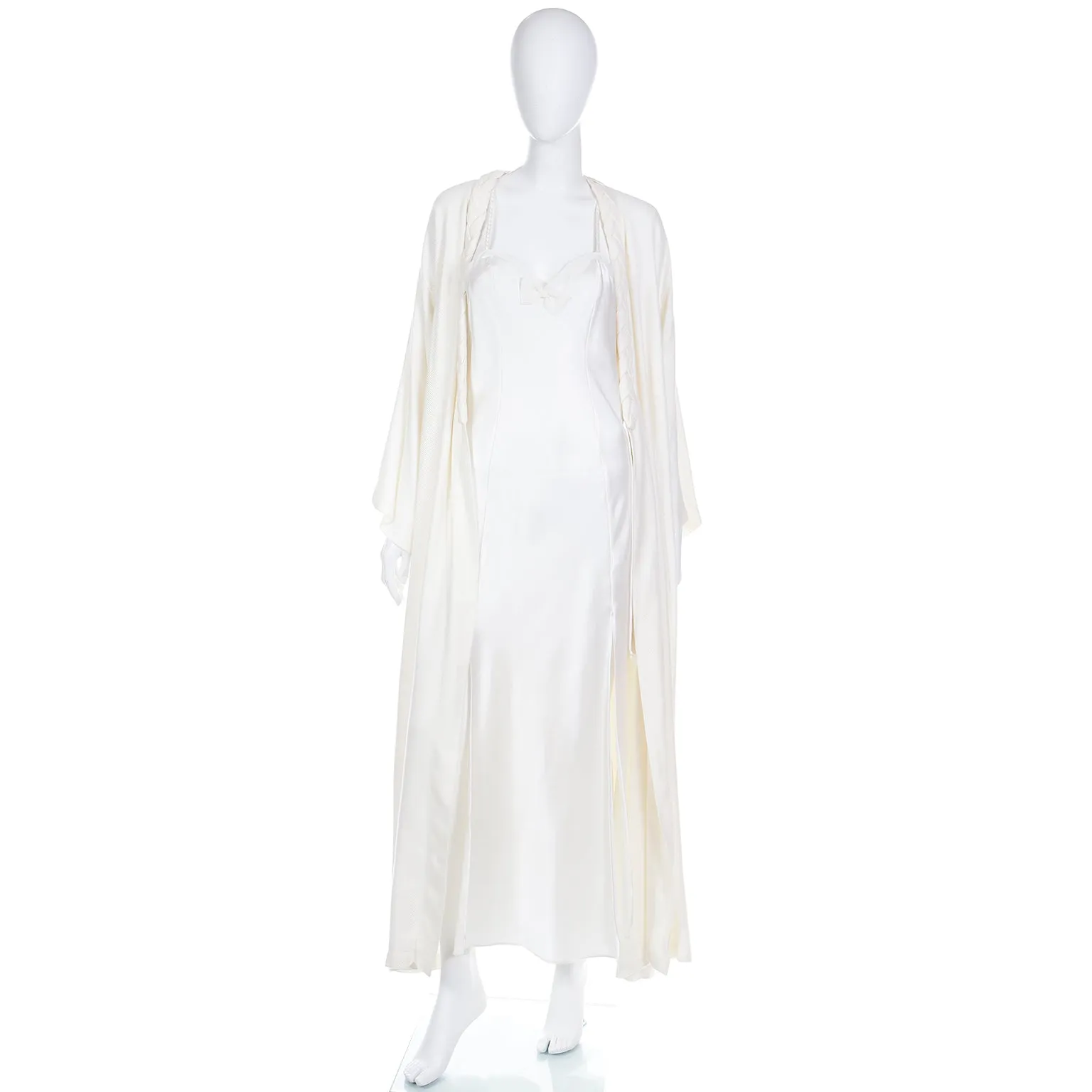 1990s Valentino Ivory Slip Dress Nightgown & Peignoir Robe Set