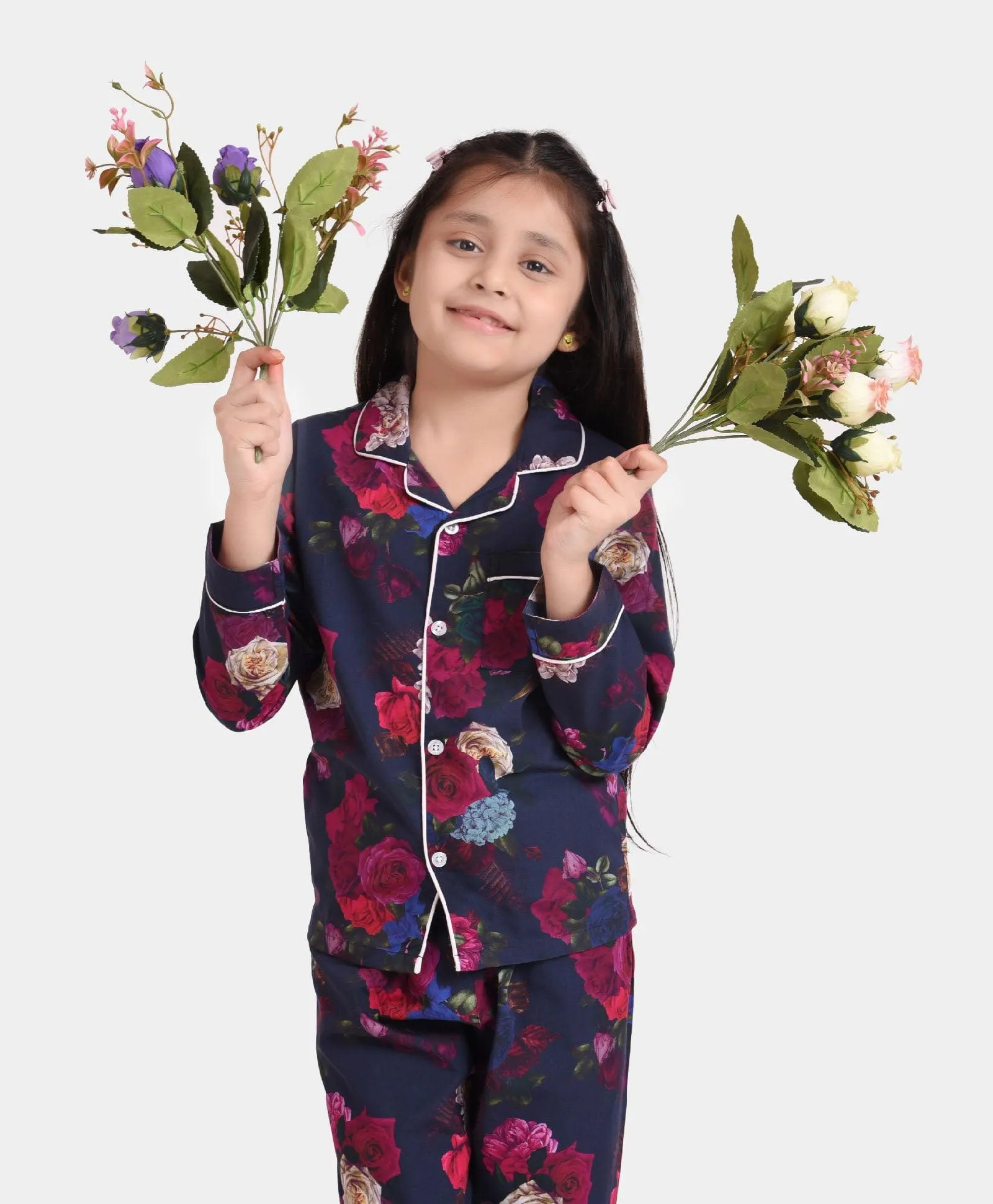 Black Floral Printed Nightsuit Set for Girls