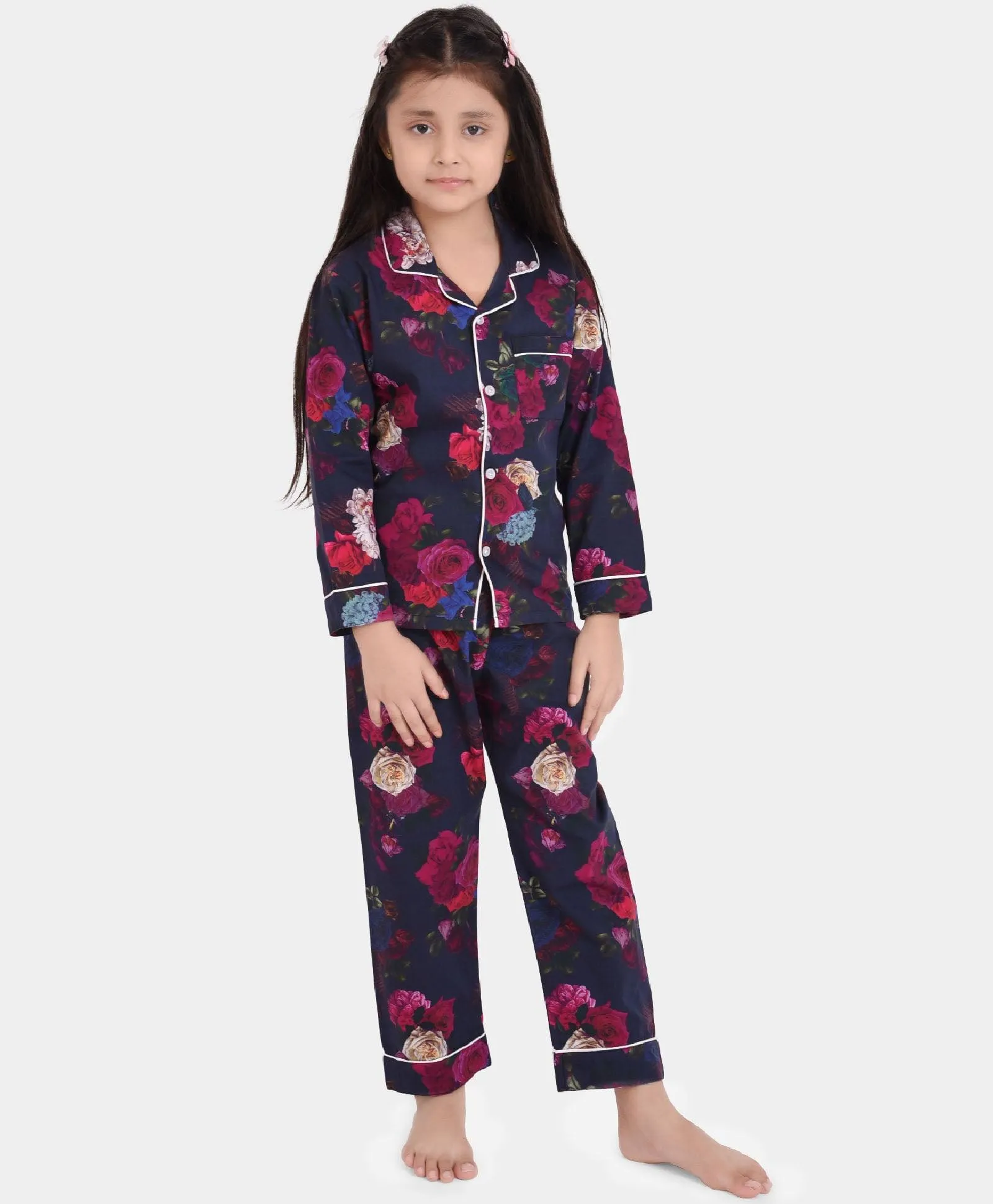 Black Floral Printed Nightsuit Set for Girls