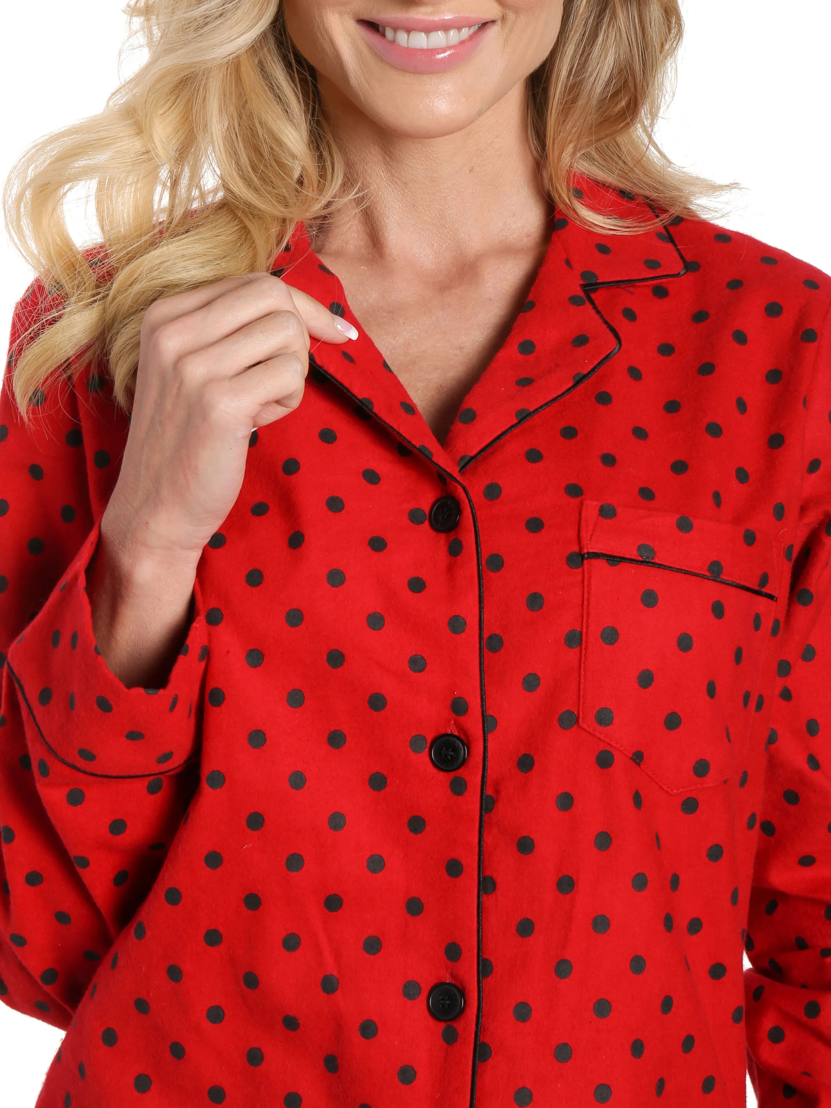 Box Packaged Women's Premium 100% Cotton Flannel Pajama Sleepwear Set - Dots Diva Red-Black