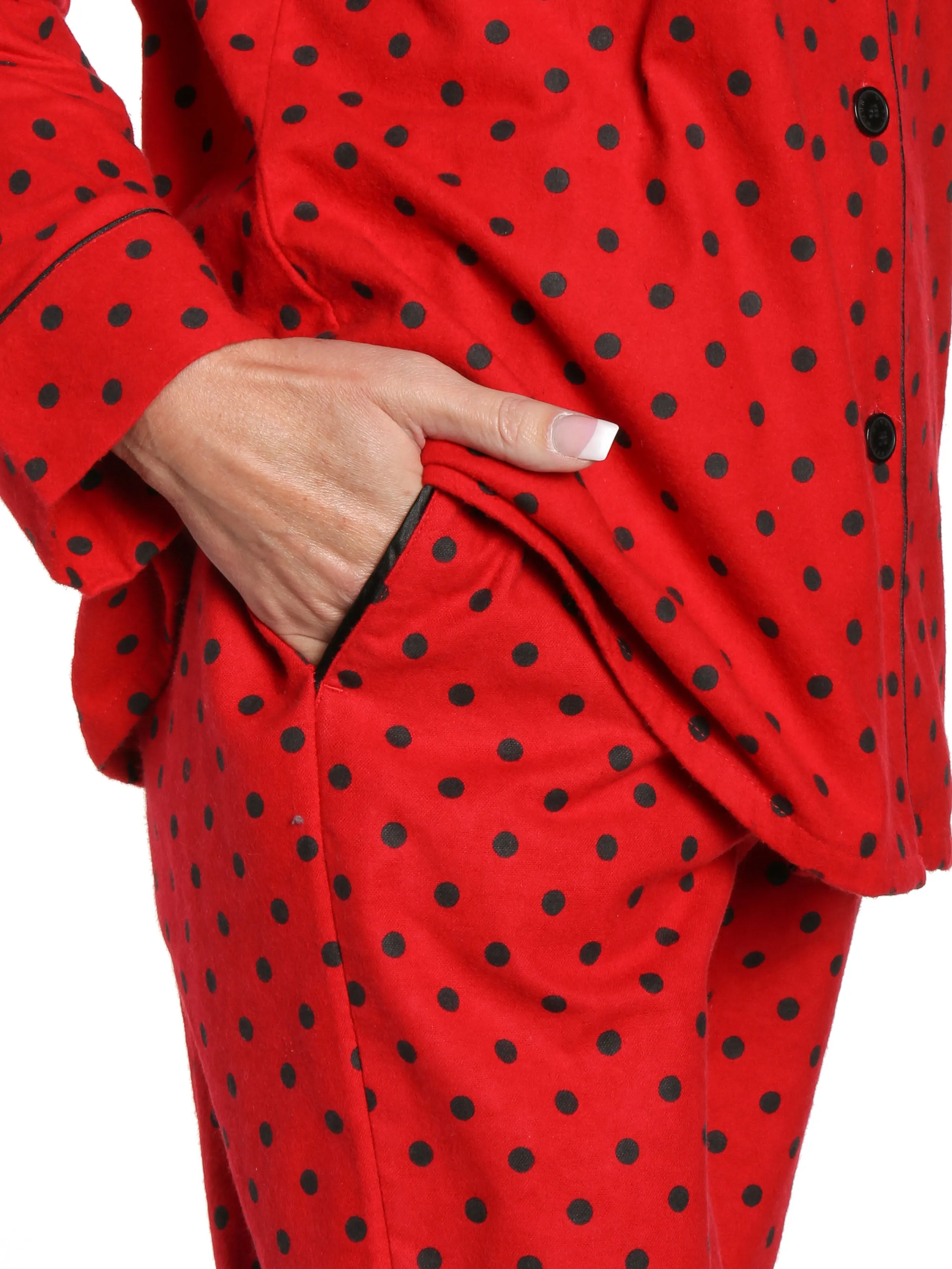 Box Packaged Women's Premium 100% Cotton Flannel Pajama Sleepwear Set - Dots Diva Red-Black