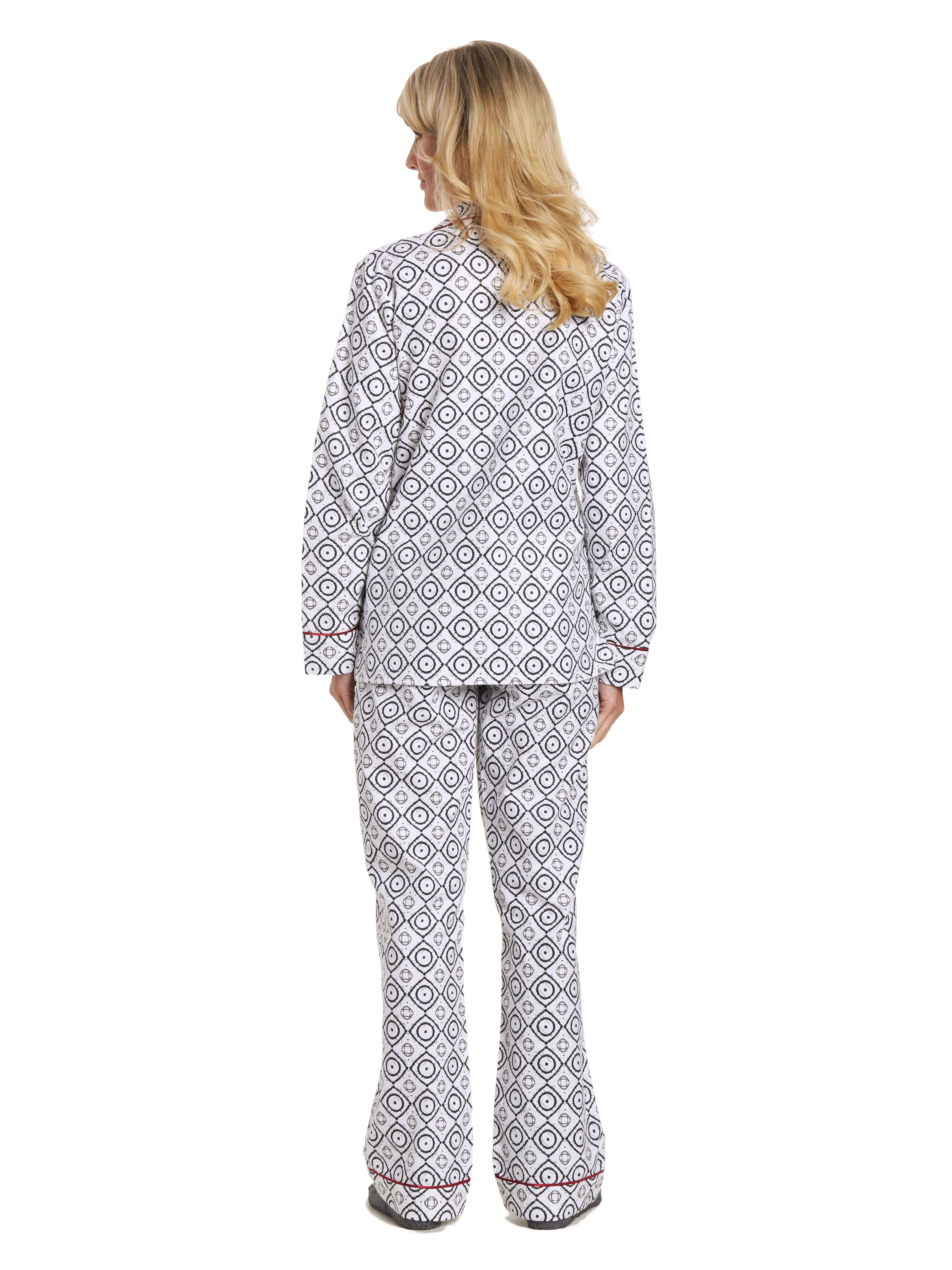 Box Packaged Women's Premium 100% Cotton Flannel Pajama Sleepwear Set - Moroccan White-Black