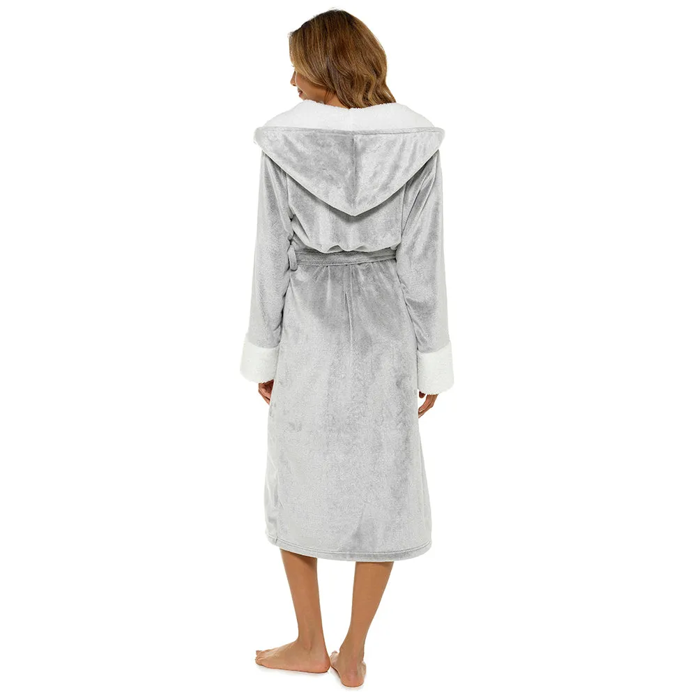 Bras & Honey Womens Supersoft Luxury Full Length Fleece Hooded Bathrobe Grey