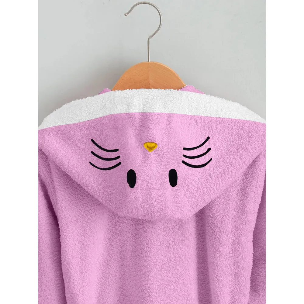 Cotton Home Kitty Embroidered Kids Bathrobe with Hood and Tie Up Belt Pink