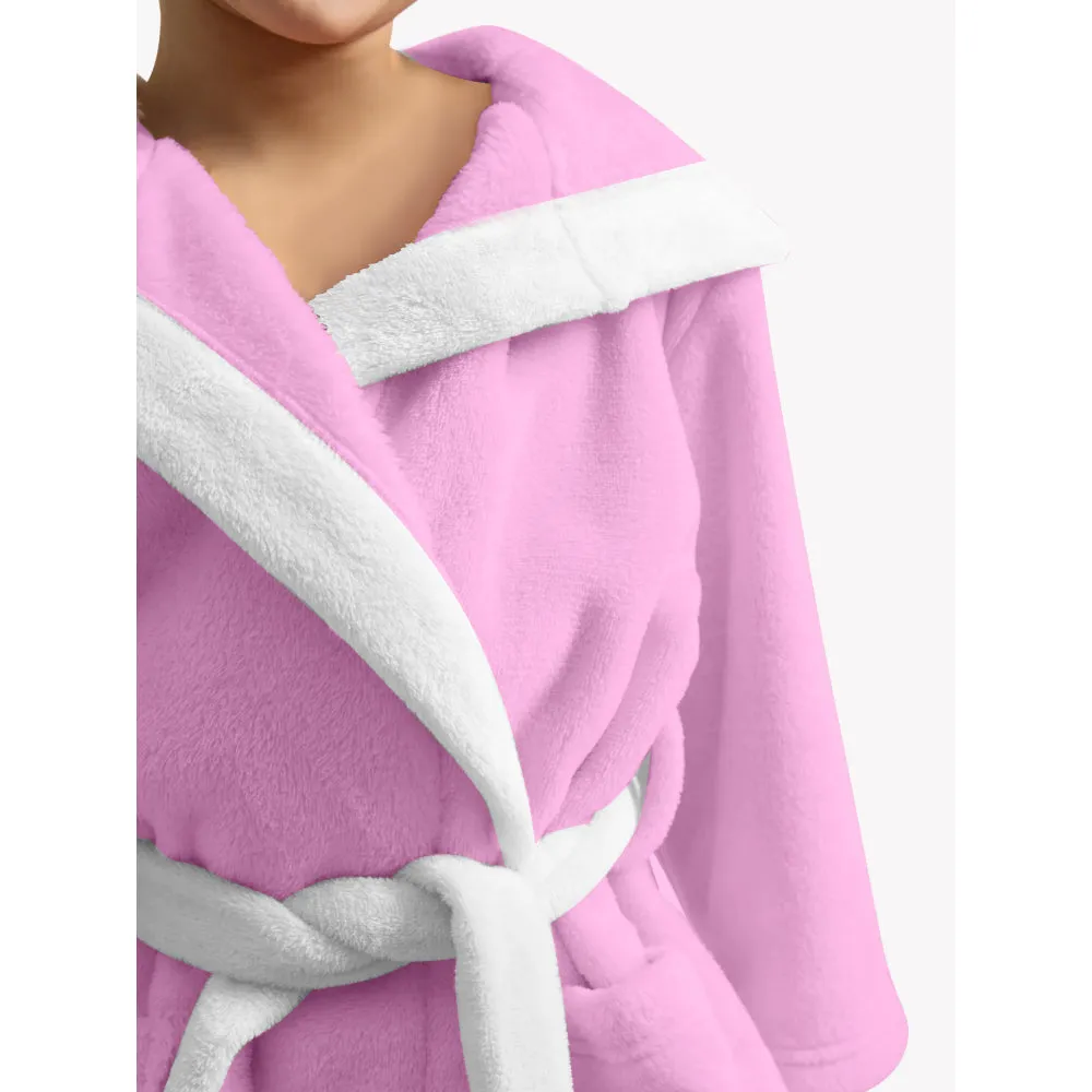 Cotton Home Kitty Embroidered Kids Bathrobe with Hood and Tie Up Belt Pink