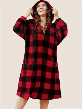 Cozy Plus Size Fleece Robe - Soft Plaid Print Nightgown for Women, Casual Zip-Front Hooded Sleepwear with Pockets, Long-Sleeve Wearable Blanket for Fall and Winter, Ultra-Comfortable and Warm Sleepshirt