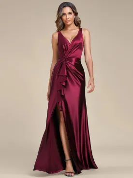 Deep V-Neck Stylish Waist Pleated High Slit Satin Evening Dress