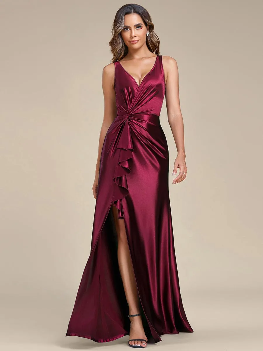 Deep V-Neck Stylish Waist Pleated High Slit Satin Evening Dress