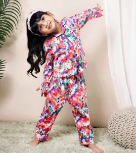 Ecru Bandhej Printed Girls Nightsuit Set