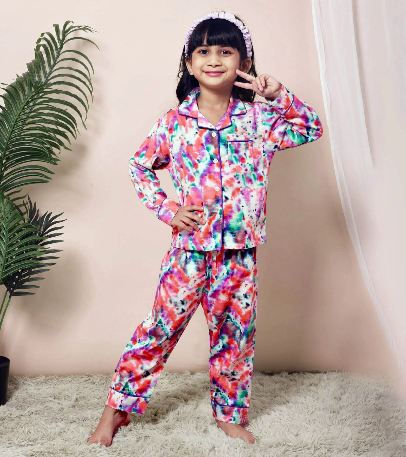 Ecru Bandhej Printed Girls Nightsuit Set