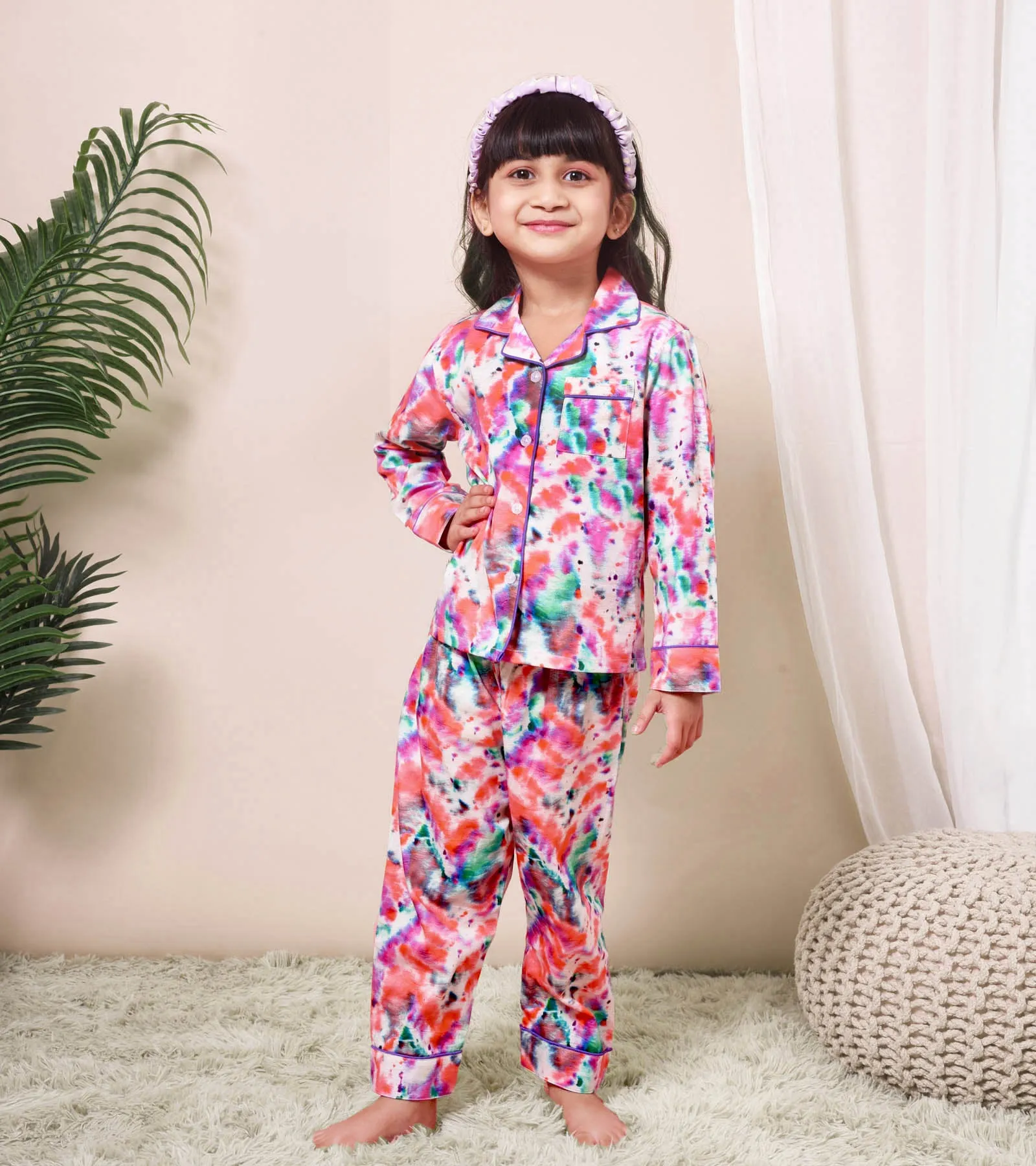 Ecru Bandhej Printed Girls Nightsuit Set