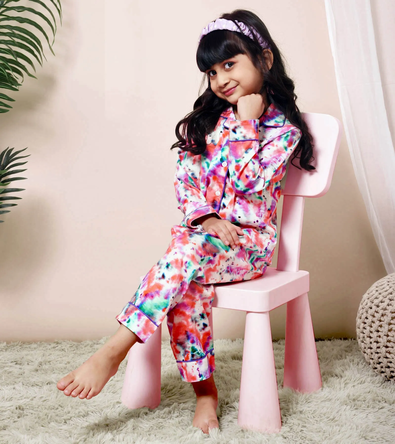 Ecru Bandhej Printed Girls Nightsuit Set