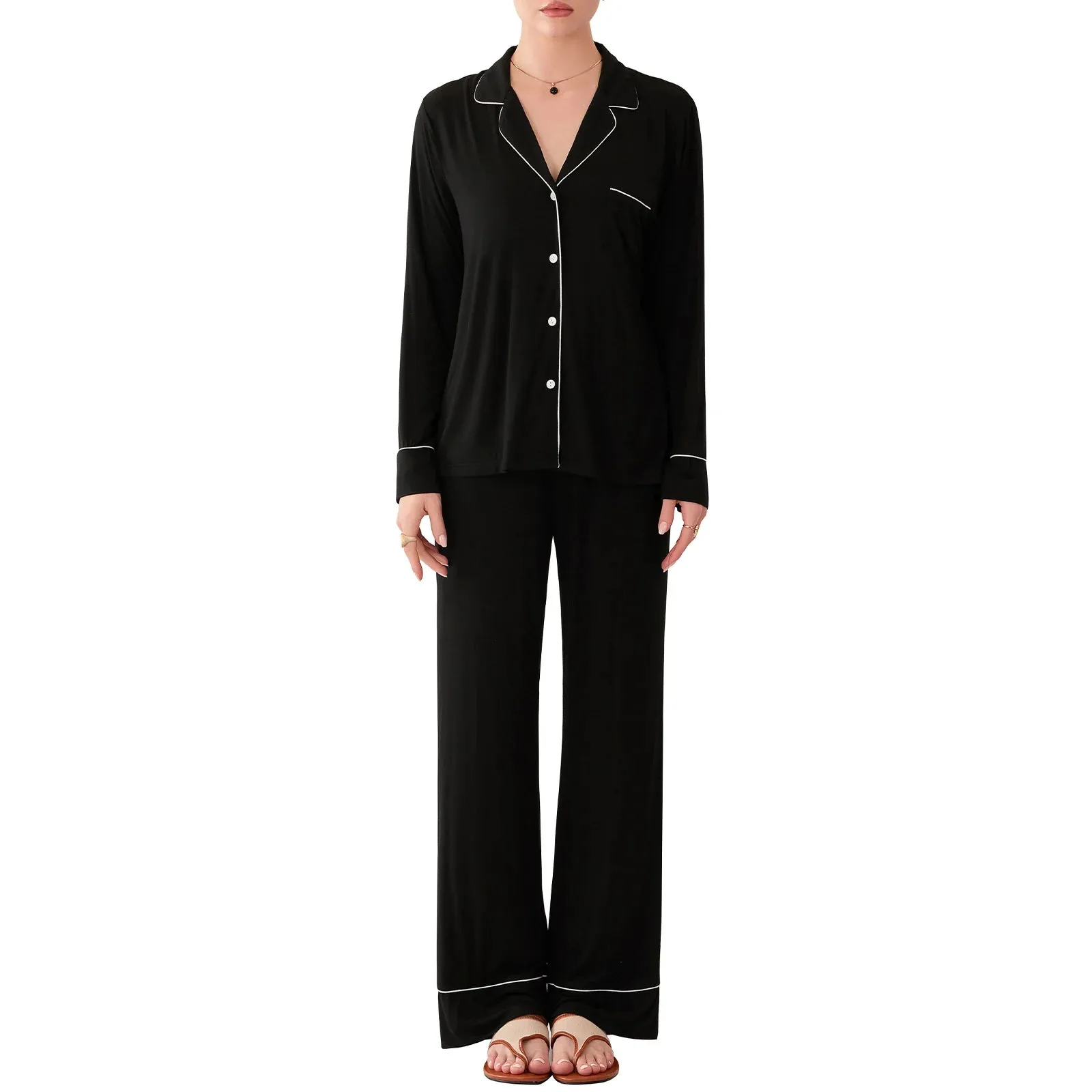 Elegant Button-Up Pajama Set with Drawstring Pants