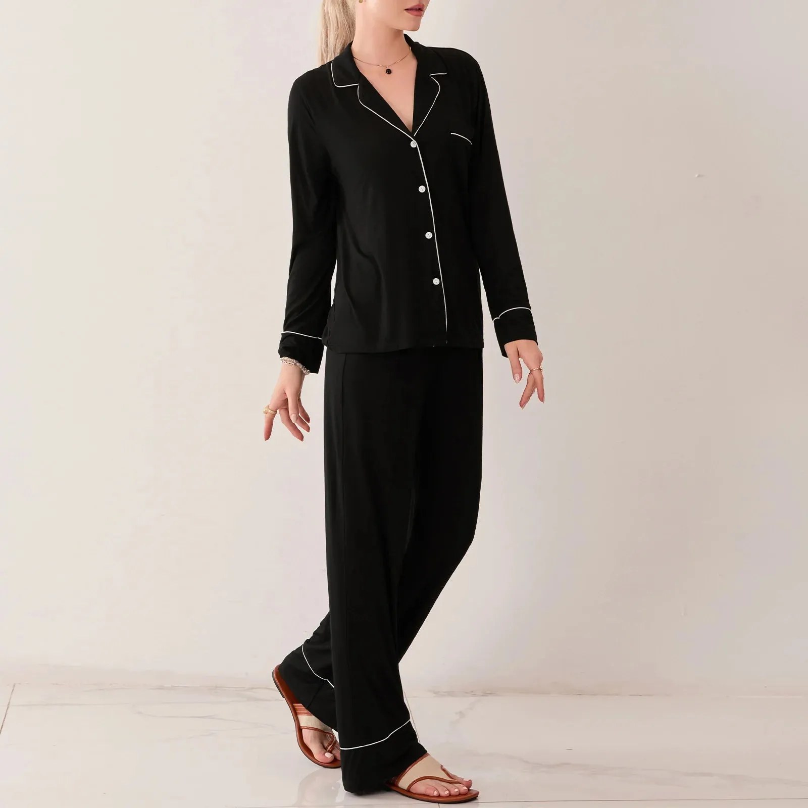 Elegant Button-Up Pajama Set with Drawstring Pants