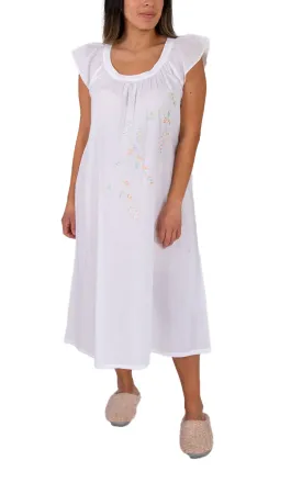 French Country 100% Cotton Nightgown with Cap Sleeve in White FCT173