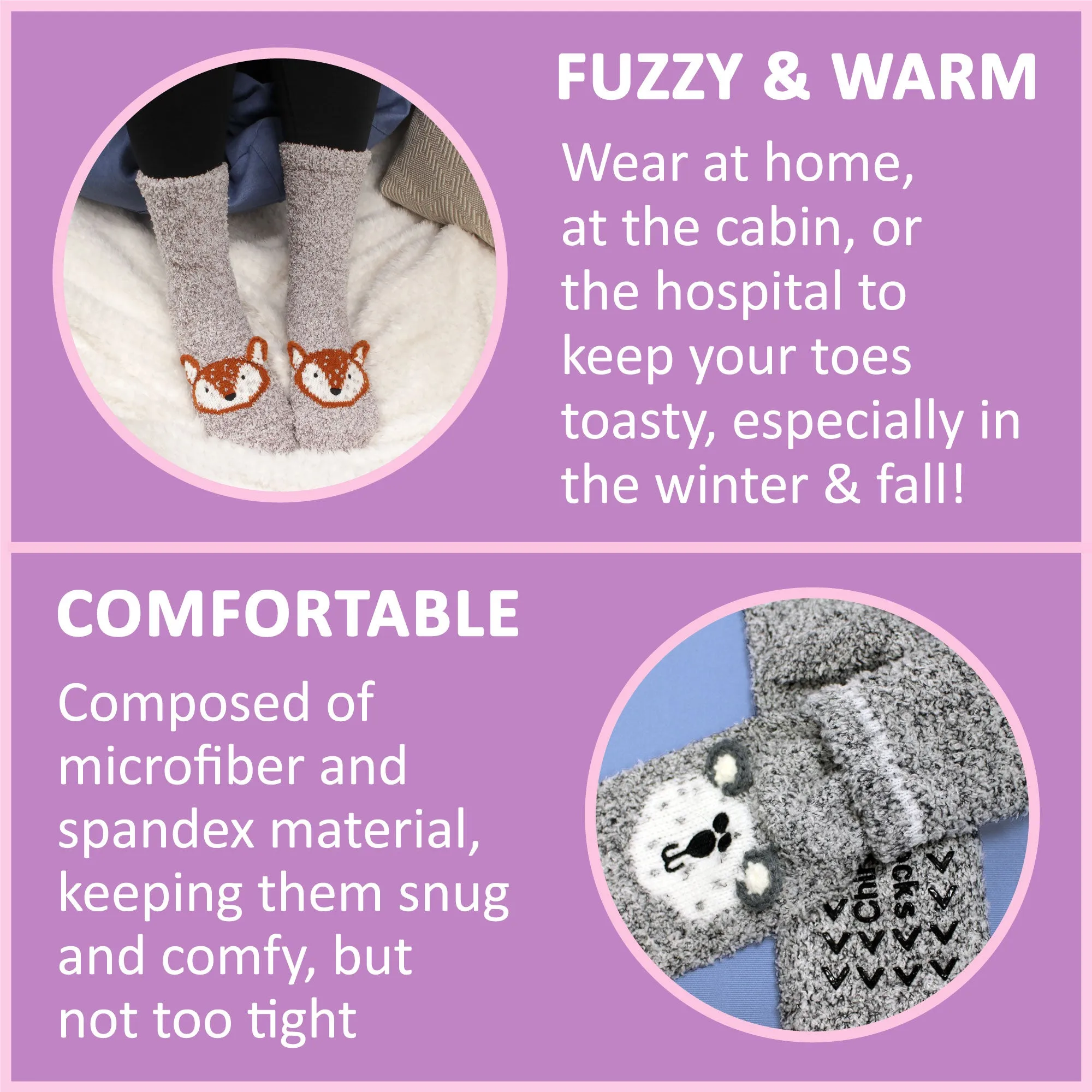 Fuzzy Cozy Microfiber Animal Socks Assortments - 3 Pairs