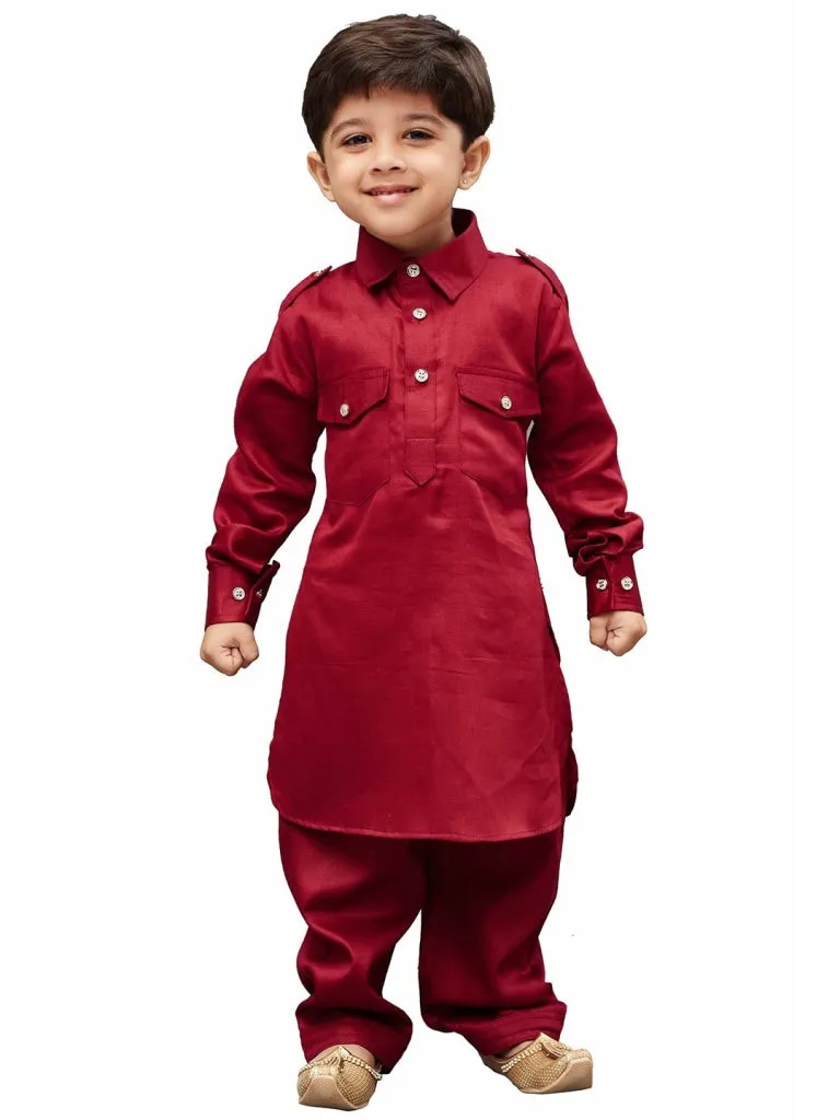 Jashvi Cotton Blend Maroon Baap Beta Pathani Kurta & Pyjama Set