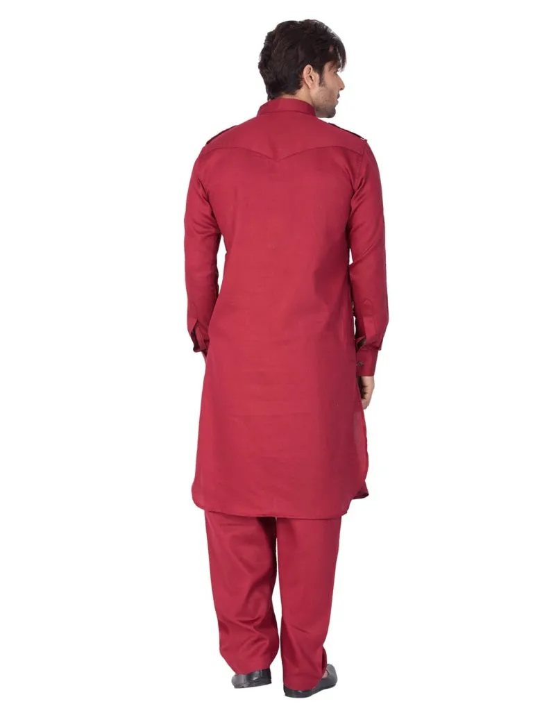 Jashvi Cotton Blend Maroon Baap Beta Pathani Kurta & Pyjama Set