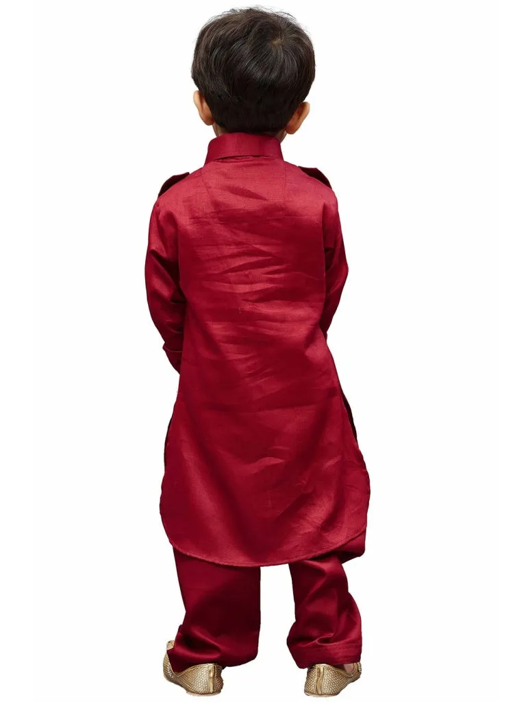 Jashvi Cotton Blend Maroon Baap Beta Pathani Kurta & Pyjama Set