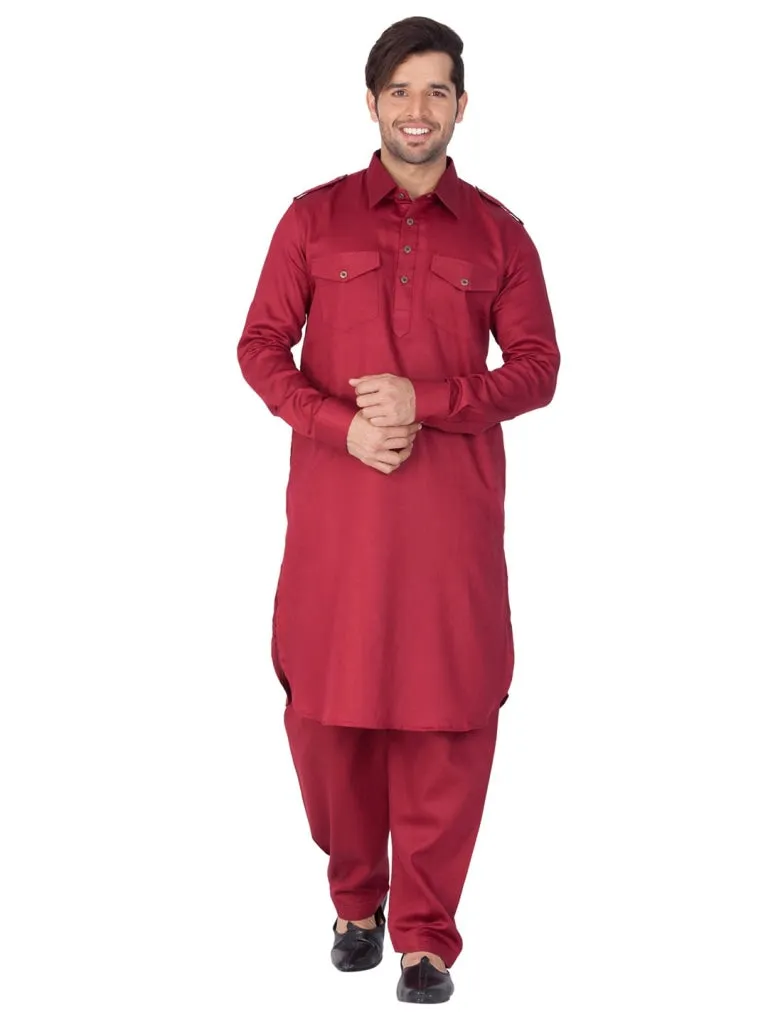 Jashvi Cotton Blend Maroon Baap Beta Pathani Kurta & Pyjama Set