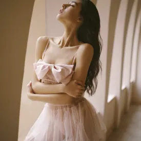 Petal Pink Satin Bow Crop Top and Tulle Ballet Skirt Set