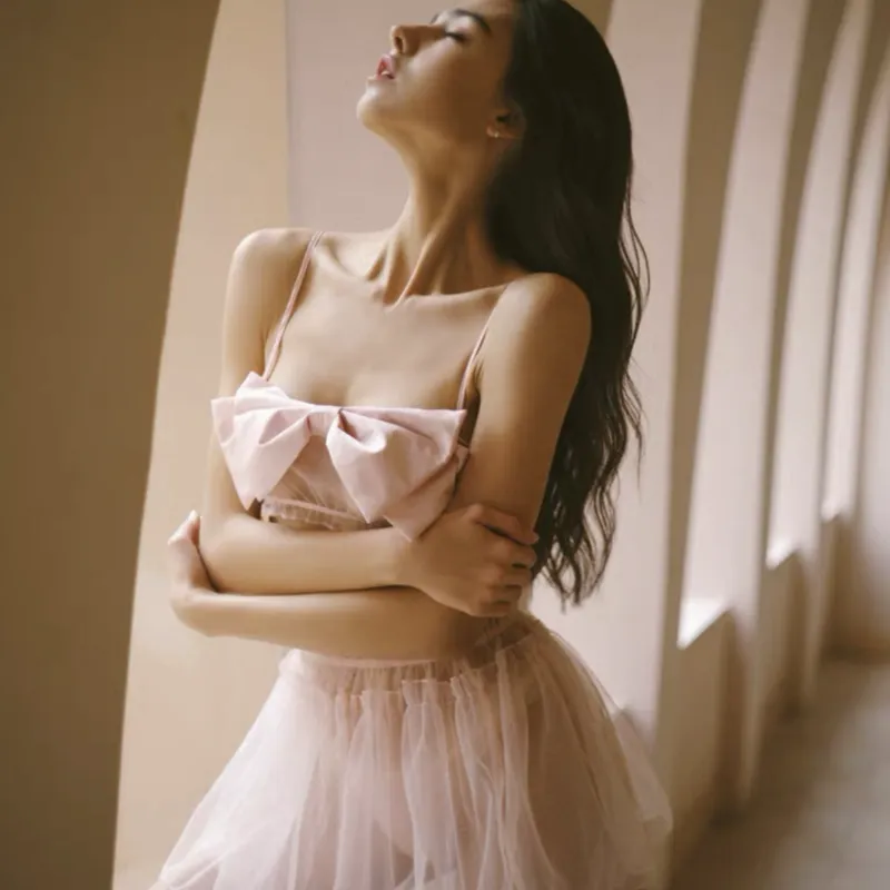 Petal Pink Satin Bow Crop Top and Tulle Ballet Skirt Set