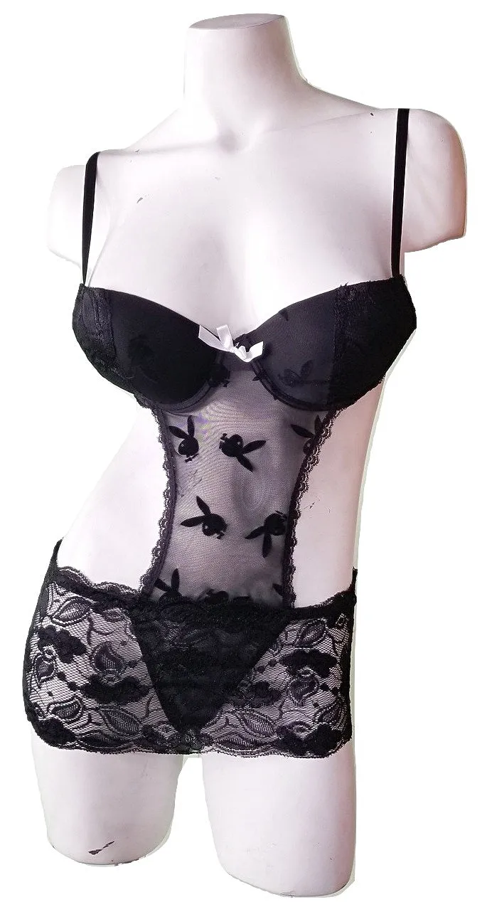 Playboy Black Mesh & Lace Skirted Bodysuit