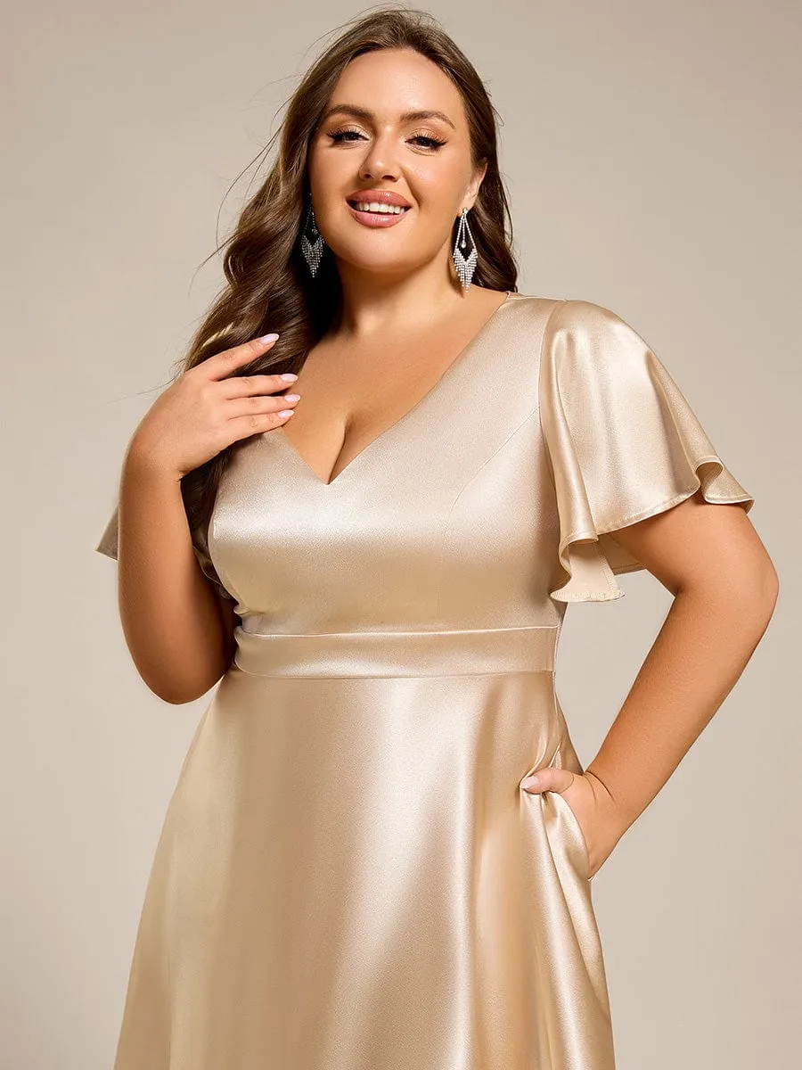 Plus Size Satin Midi Wedding Guest Dress with Pockets