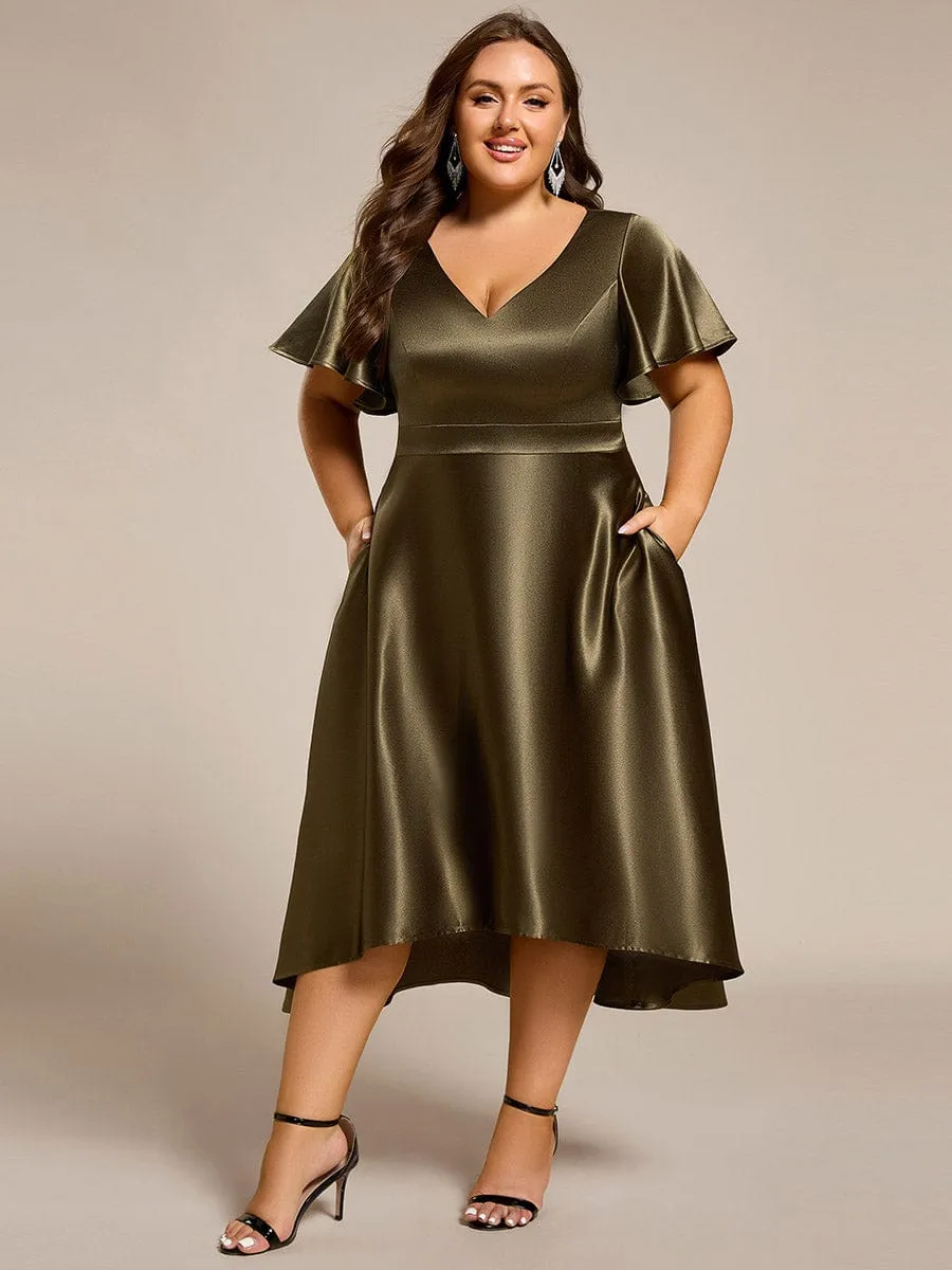 Plus Size Satin Midi Wedding Guest Dress with Pockets