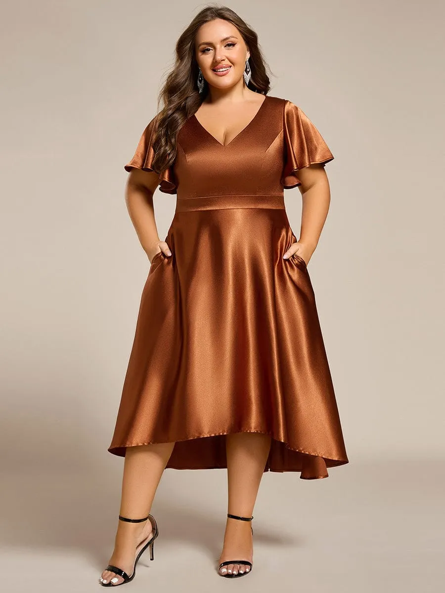 Plus Size Satin Midi Wedding Guest Dress with Pockets