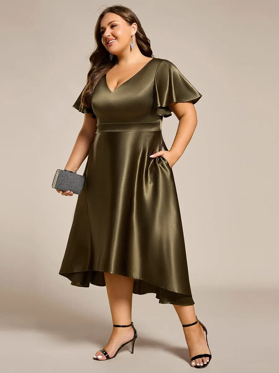 Plus Size Satin Midi Wedding Guest Dress with Pockets