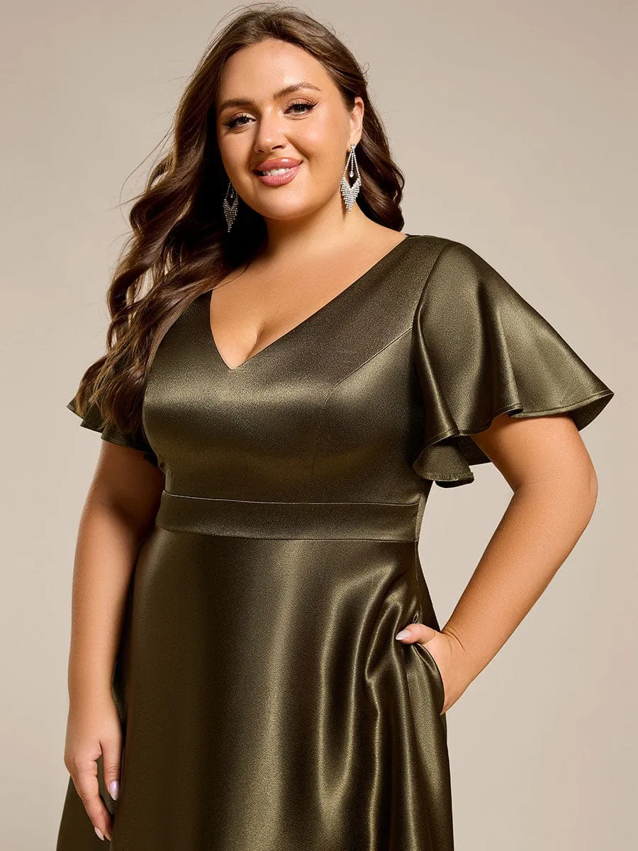 Plus Size Satin Midi Wedding Guest Dress with Pockets