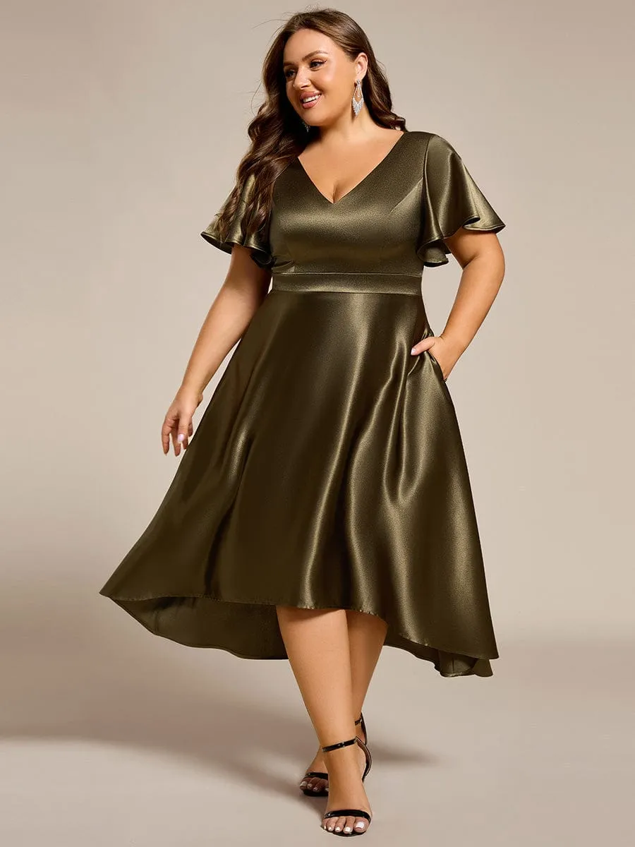 Plus Size Satin Midi Wedding Guest Dress with Pockets