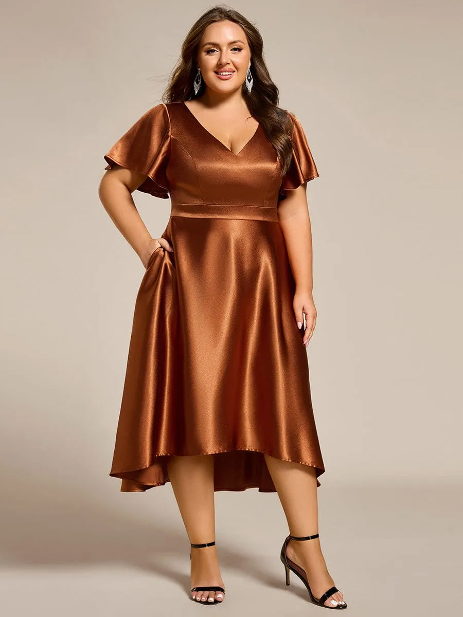 Plus Size Satin Midi Wedding Guest Dress with Pockets