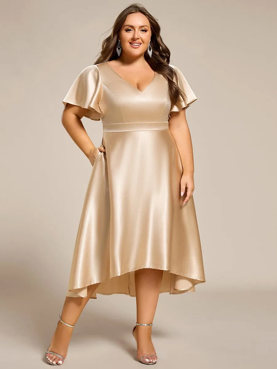 Plus Size Satin Midi Wedding Guest Dress with Pockets