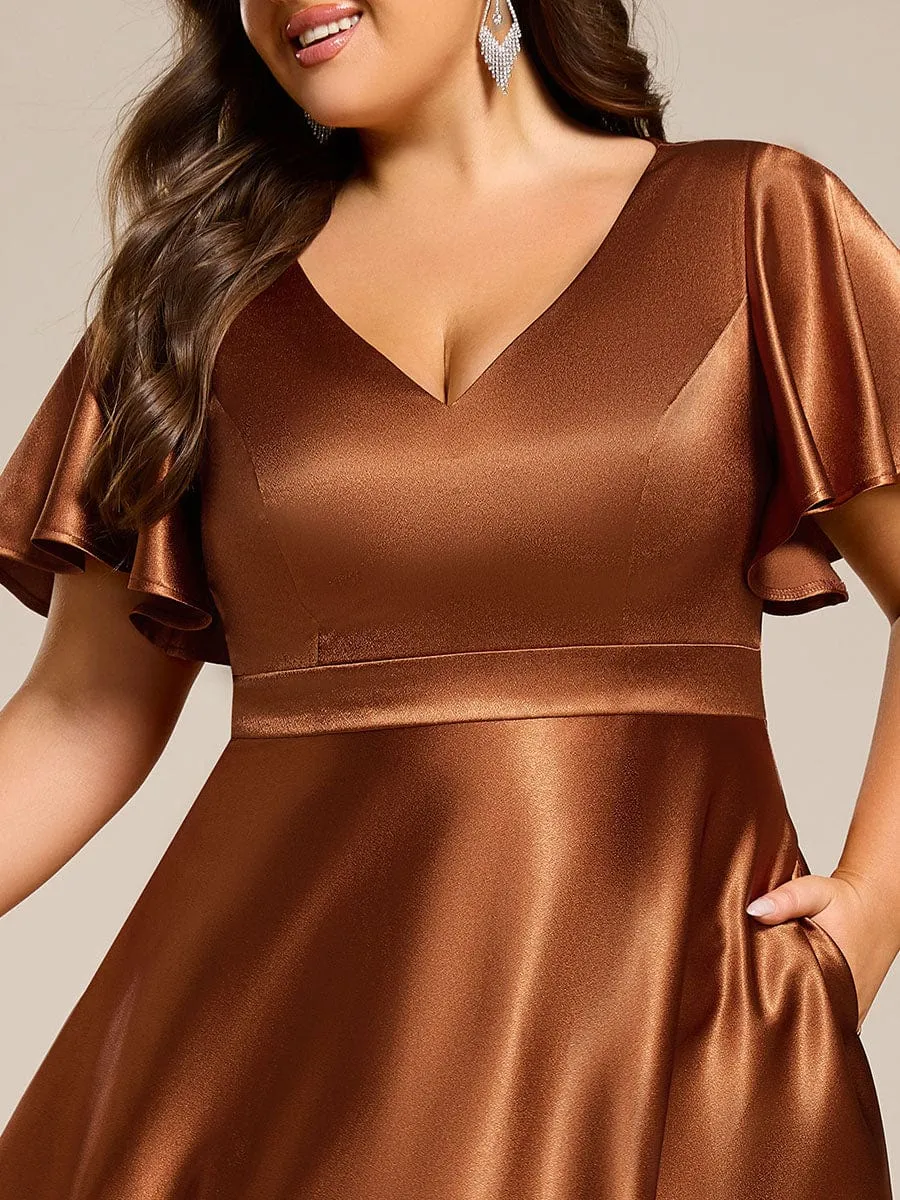 Plus Size Satin Midi Wedding Guest Dress with Pockets