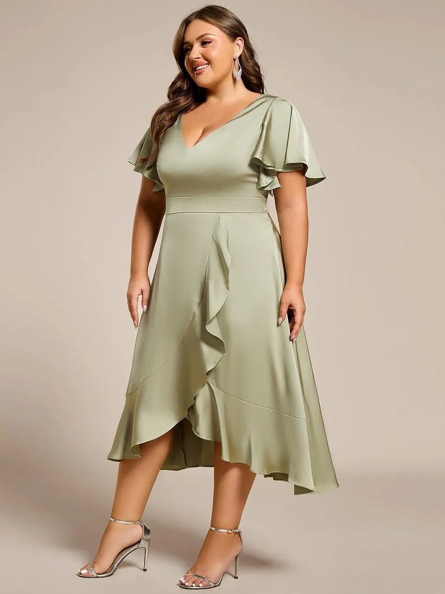 Plus Size V-Neck Satin Midi Wedding Guest Dress with Ruffled Skirt