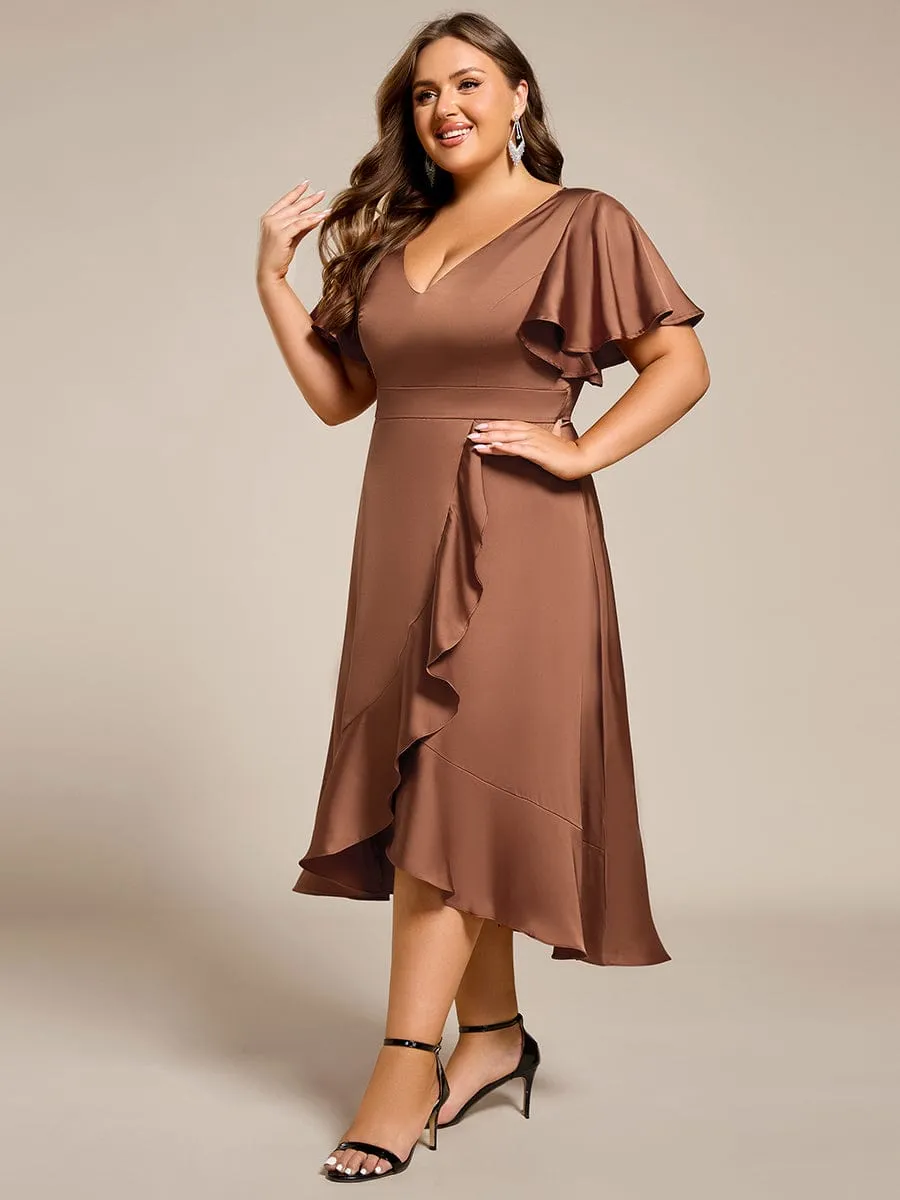 Plus Size V-Neck Satin Midi Wedding Guest Dress with Ruffled Skirt