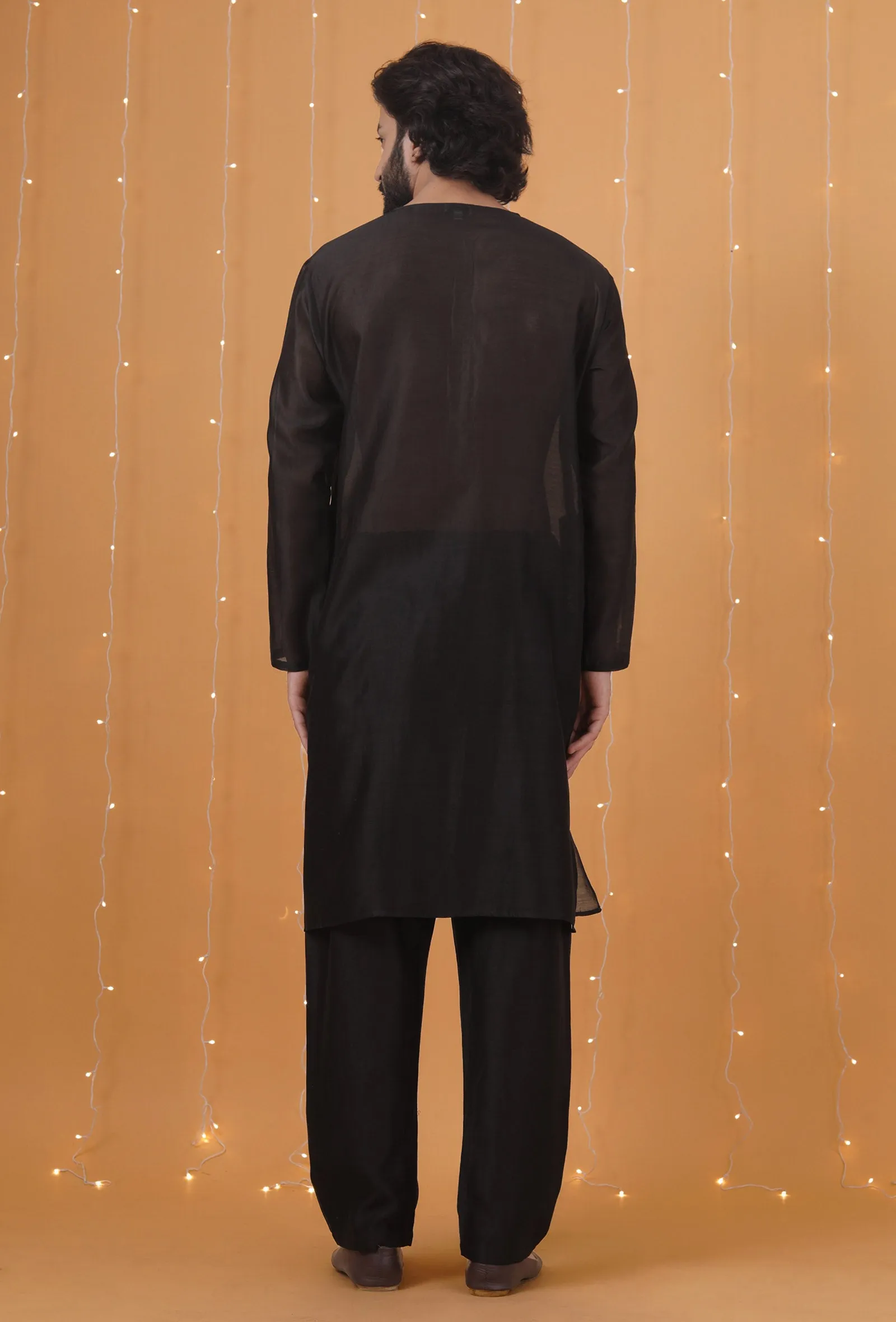 Set Of 2: Black Chanderi Kurta & Pajama