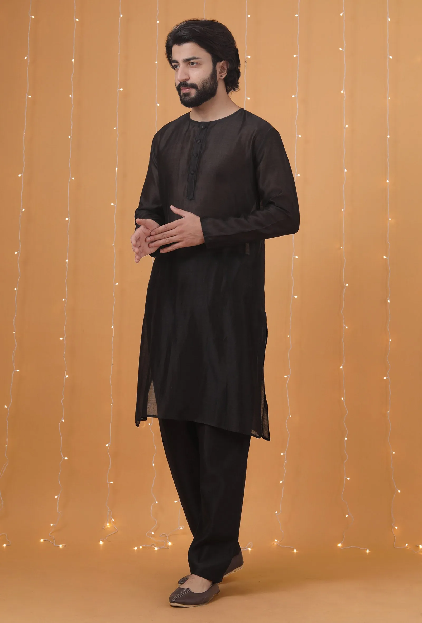 Set Of 2: Black Chanderi Kurta & Pajama