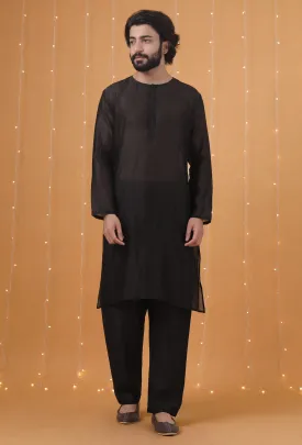 Set Of 2: Black Chanderi Kurta & Pajama