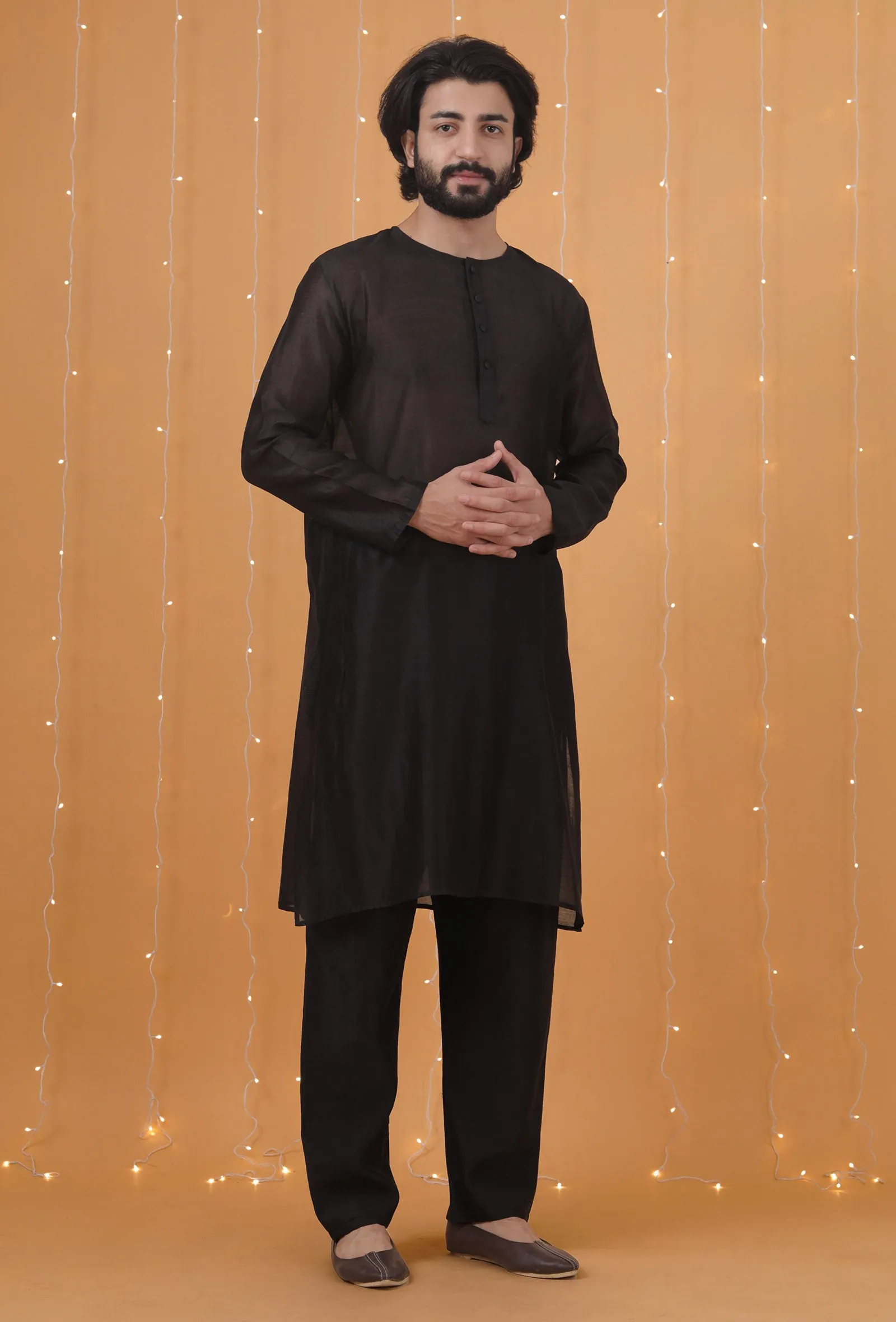 Set Of 2: Black Chanderi Kurta & Pajama