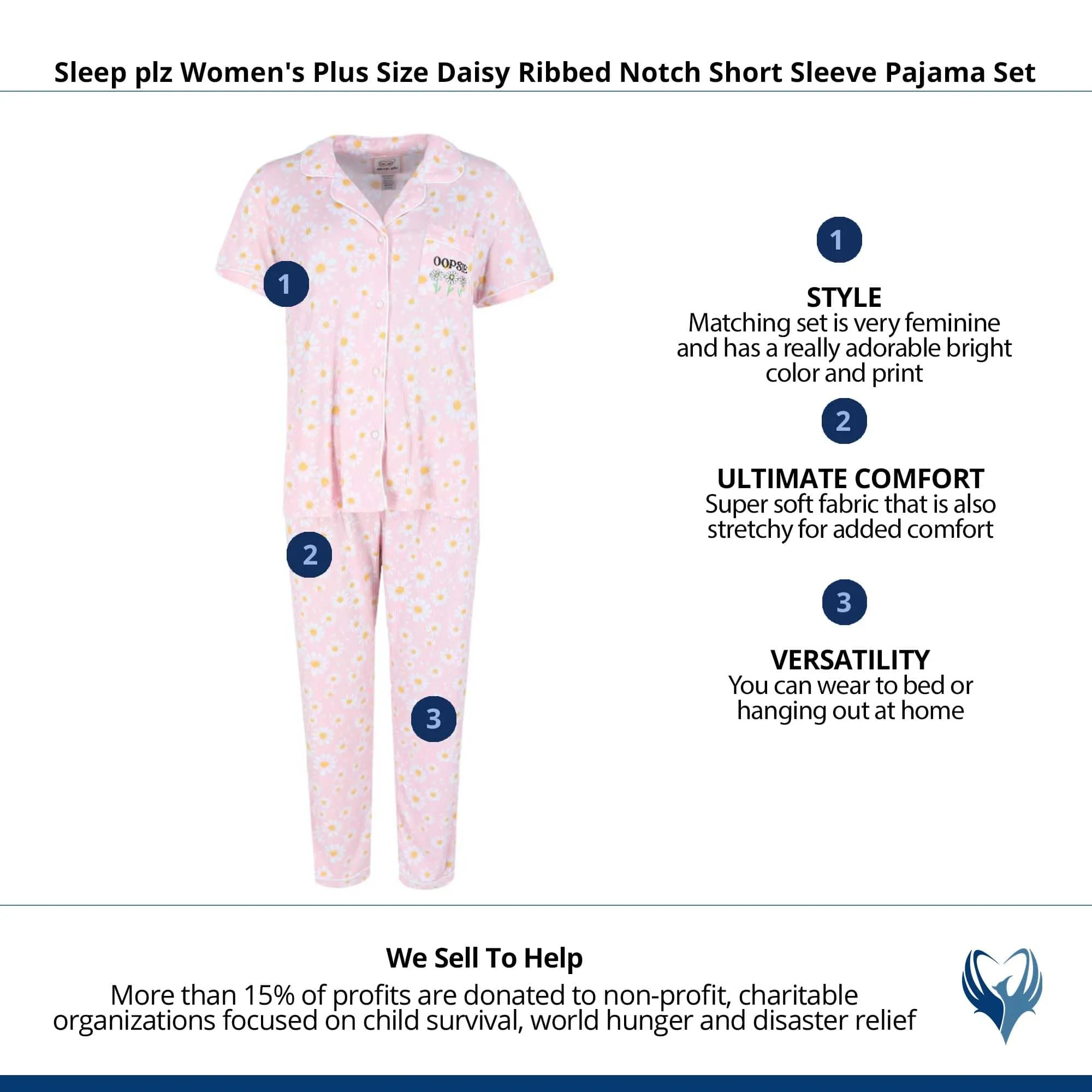 Sleep, plz Women's Plus Size Daisy Ribbed Notch Short Sleeve Pajama Set