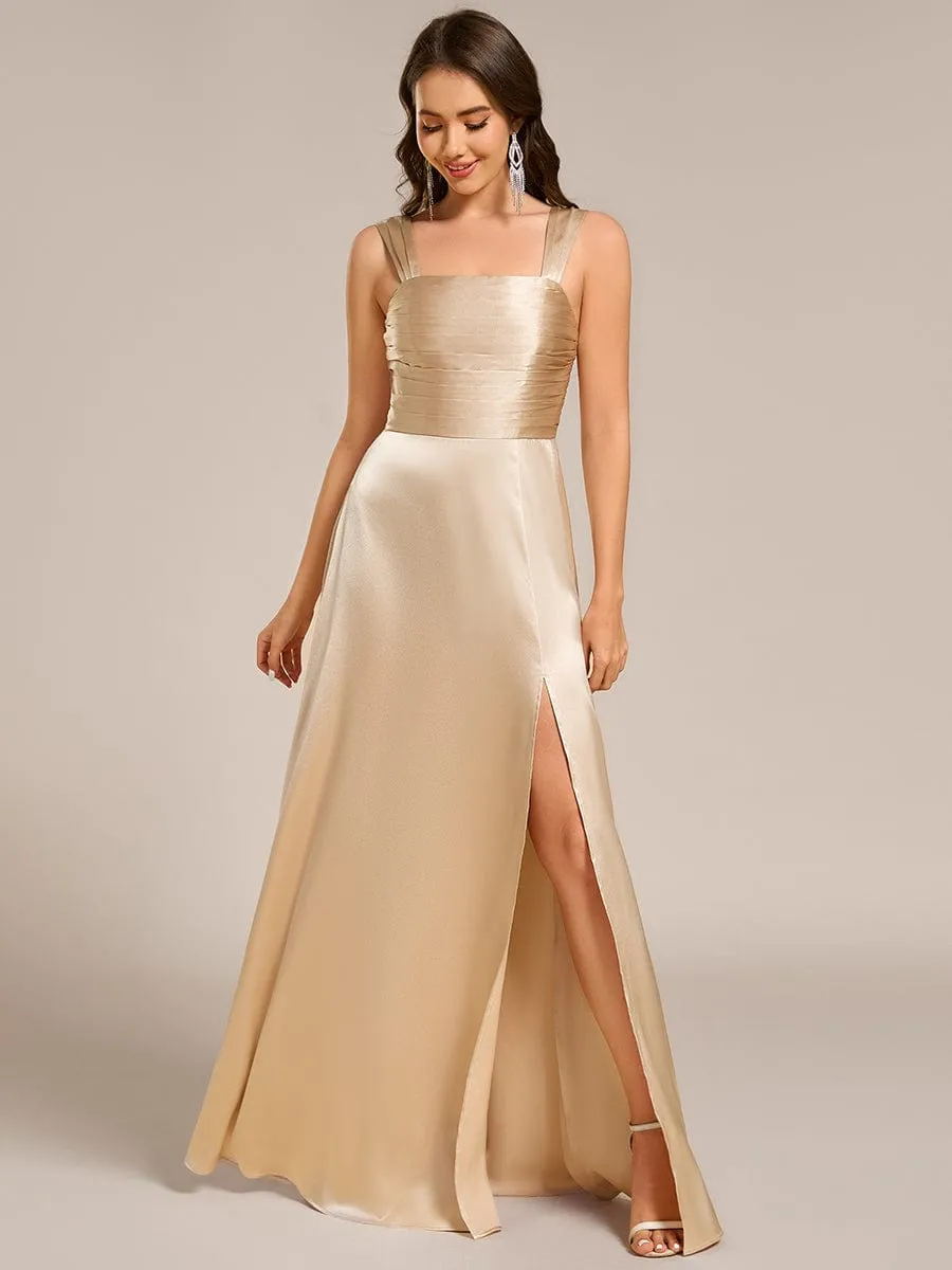 Square Neck Satin Maxi Bridesmaid Dress with Front Slit