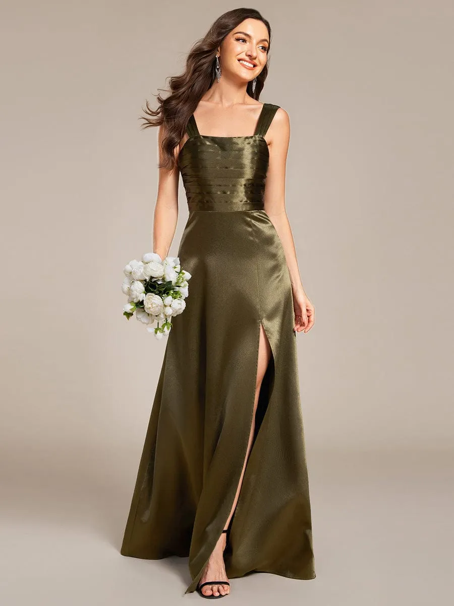 Square Neck Satin Maxi Bridesmaid Dress with Front Slit