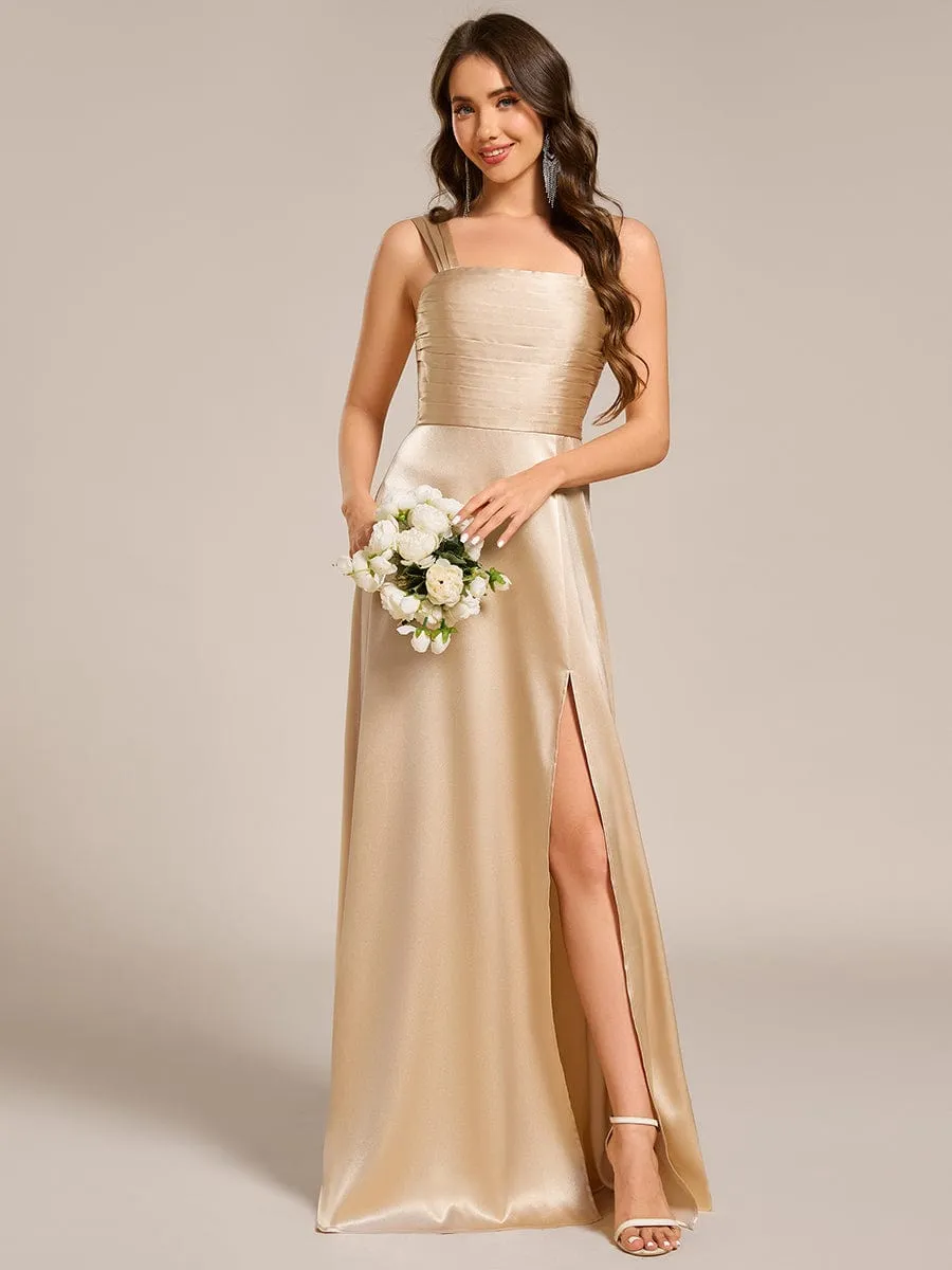 Square Neck Satin Maxi Bridesmaid Dress with Front Slit