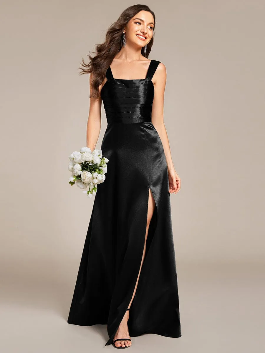 Square Neck Satin Maxi Bridesmaid Dress with Front Slit