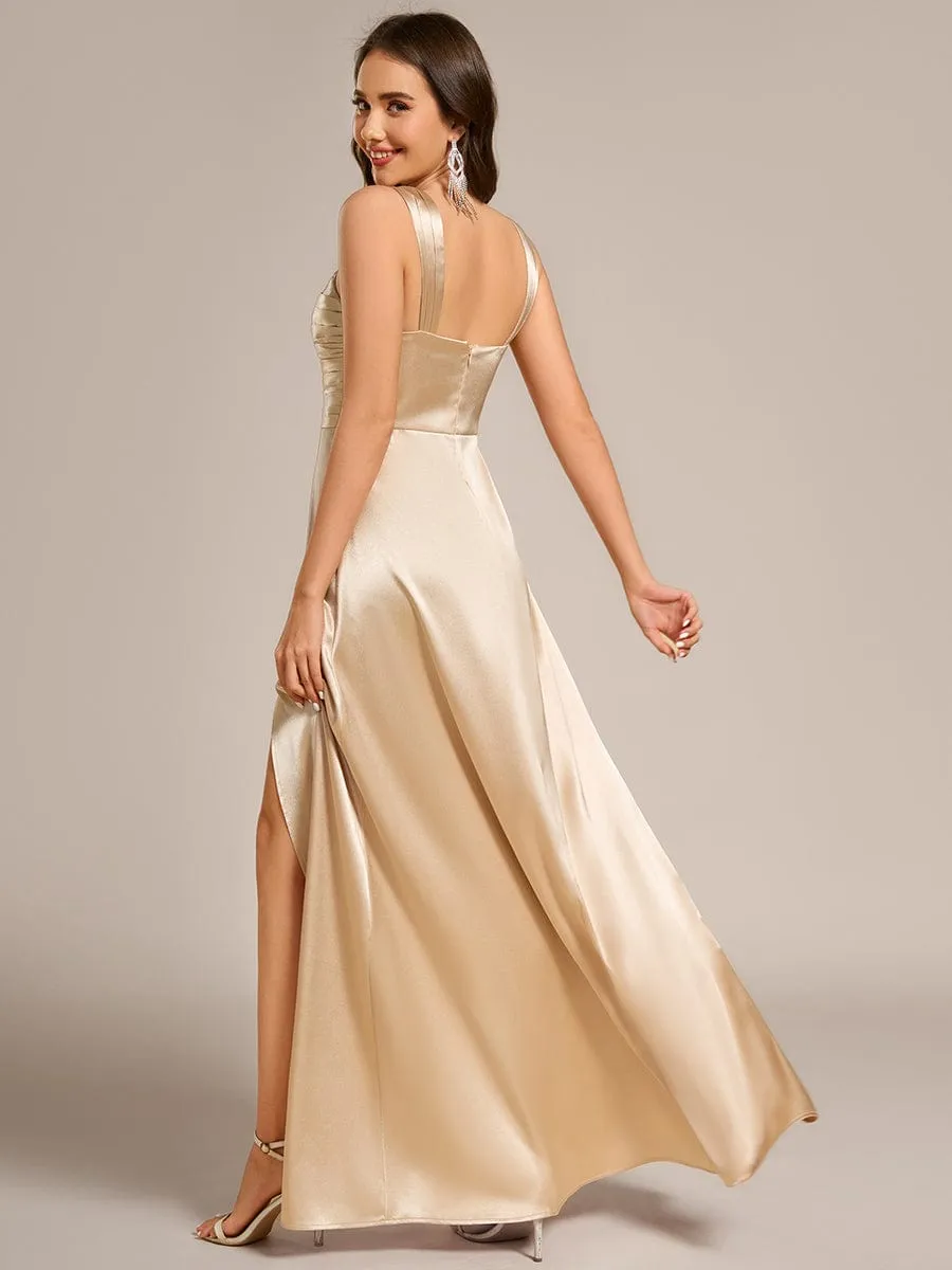 Square Neck Satin Maxi Bridesmaid Dress with Front Slit