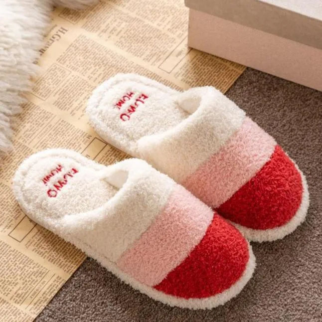 Unisex couple winter slippers color stripe furry warm house shoes with arch support