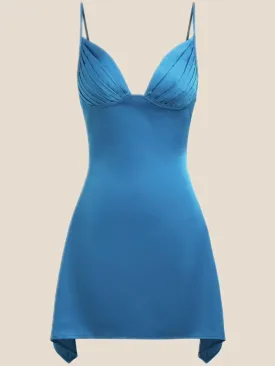 V Neck Blue Satin Short Homecoming Dress